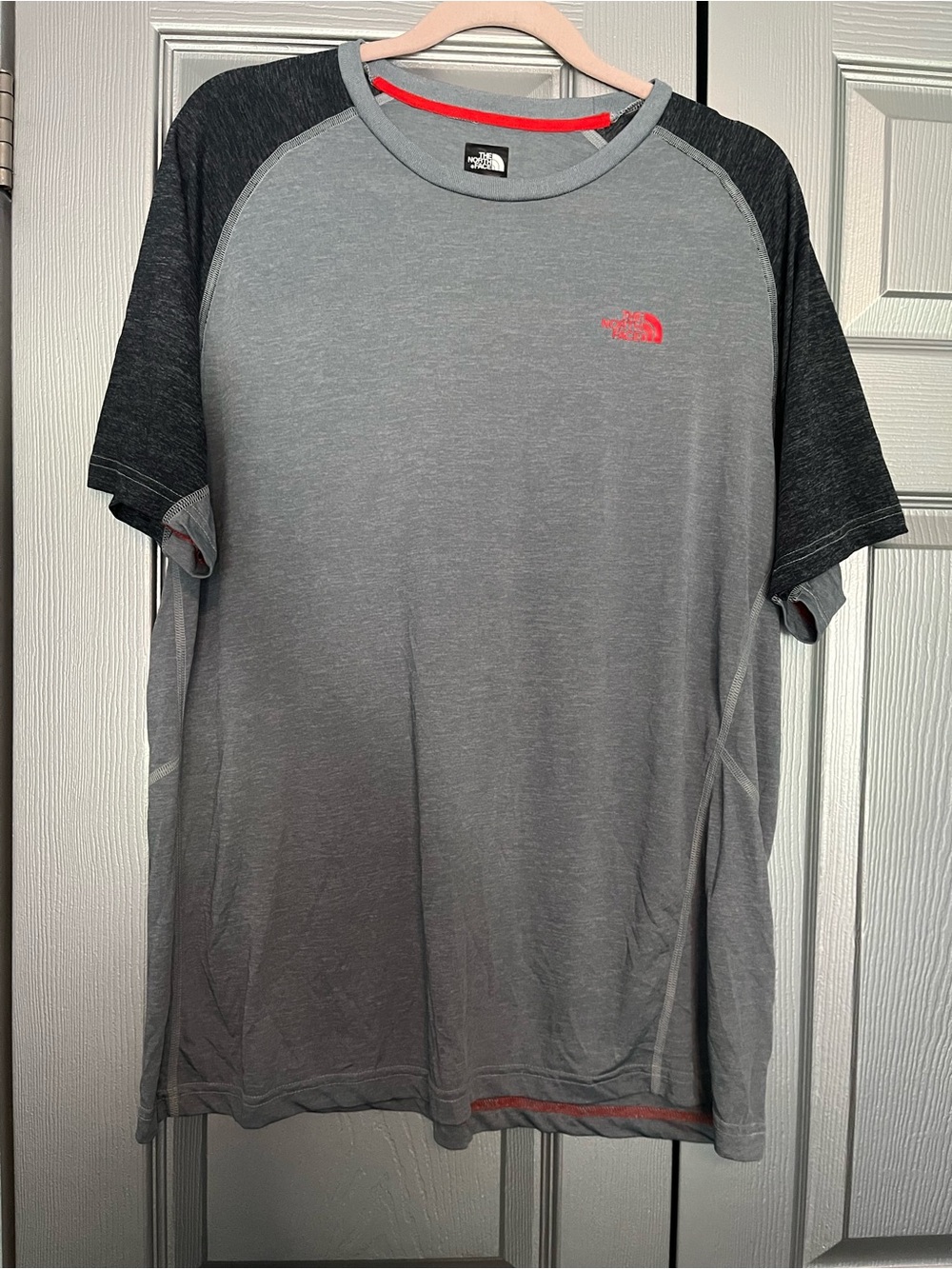 The North Face Gray Raglan Tee with Dark Charcoal Sleeves and Red Logo